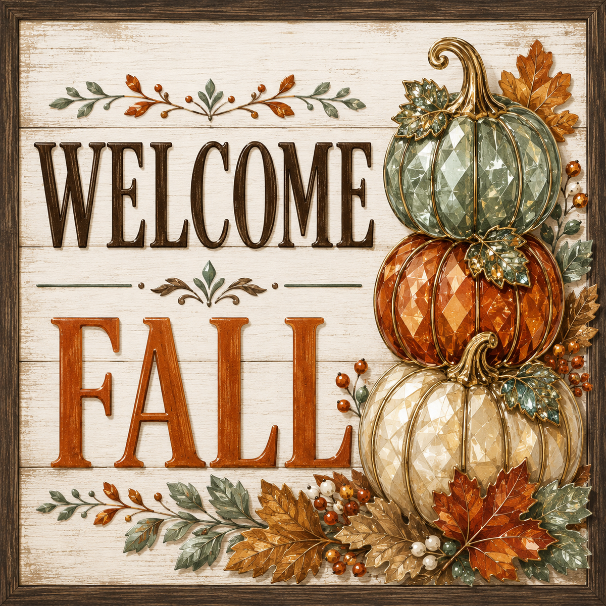 Rectangle metal wreath sign featuring faux crystal stacked pumpkins with fall foliage in gold, creme and sage on wood with "welcome fall" by Monkey's Creations. 