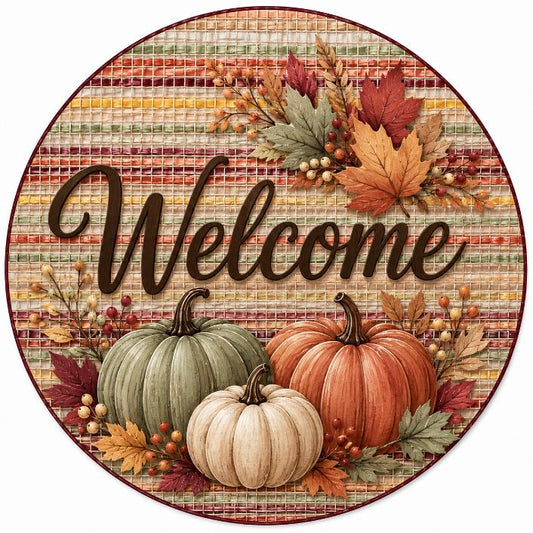 Round metal wreath sign featuring fall foliage with pumpkins and the text "welcome" with orange, sage and autumn colors by Monkey's Creations. 
