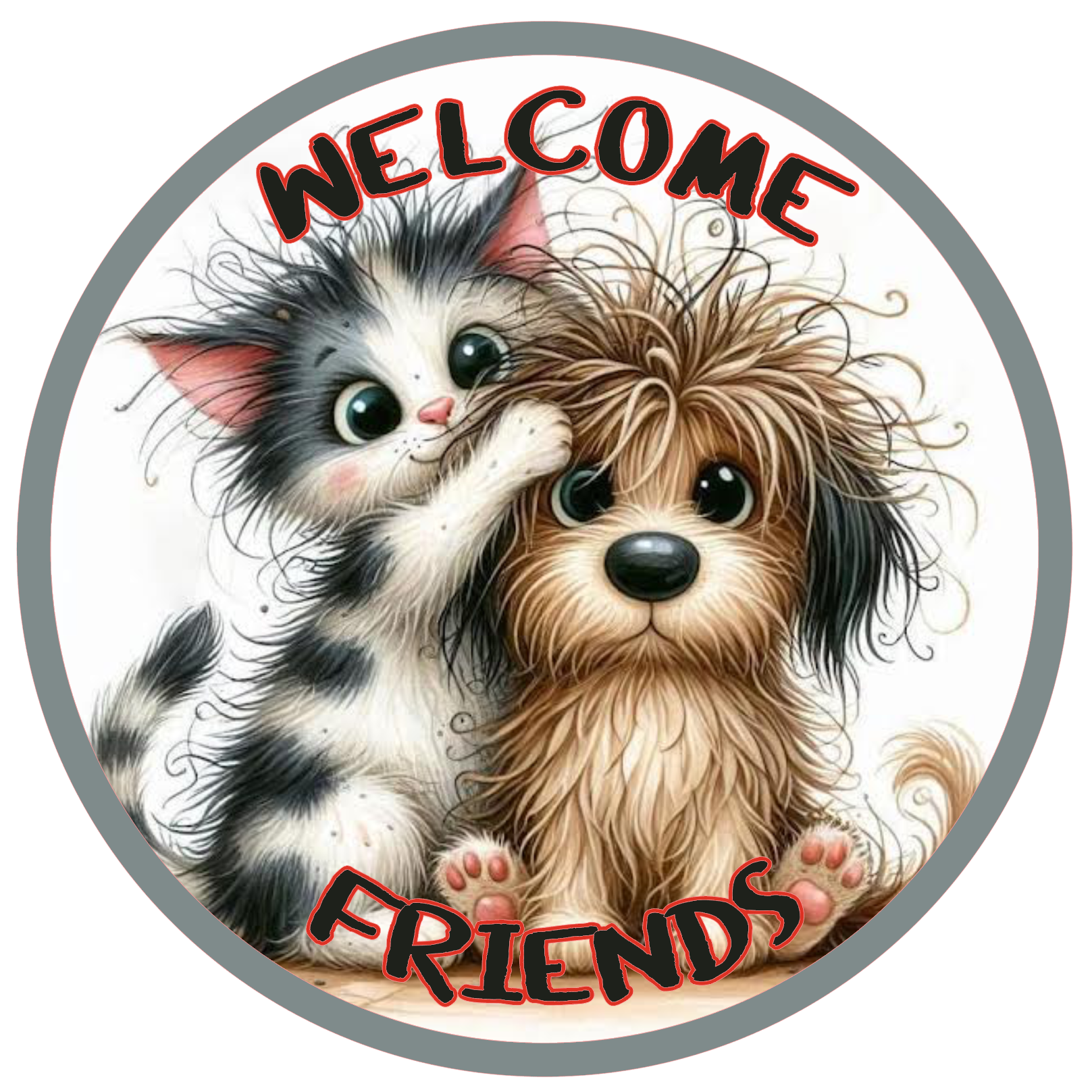 Cat and dog hugging, surrounded by 'Welcome Friends' text 