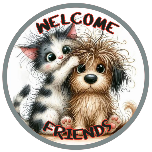 Cat and dog hugging, surrounded by 'Welcome Friends' text 