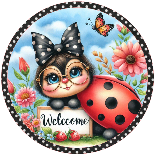 Ladybug wearing glasses and a polka dot bot with flowers and a welcome sign