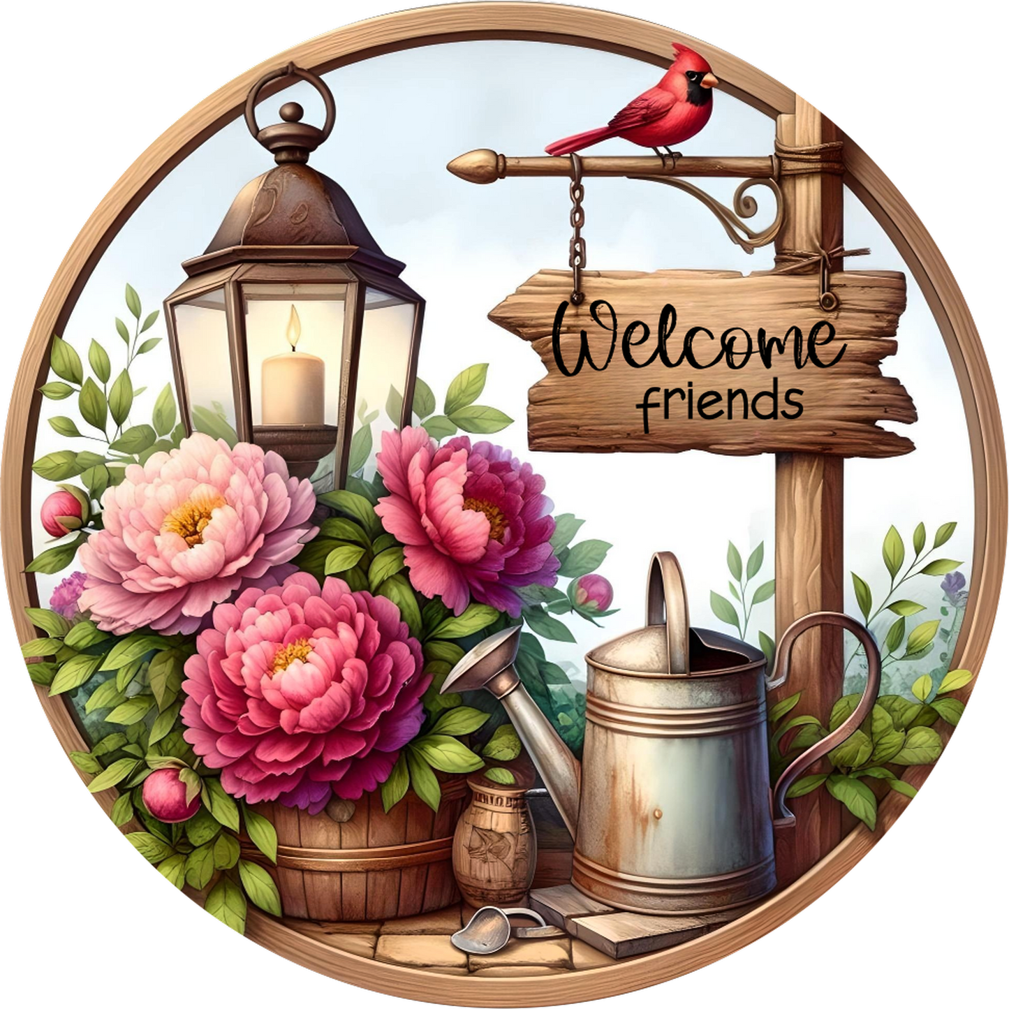 Flowers, a lantern, a watering can, peonies and a 'Welcome friends' sign.