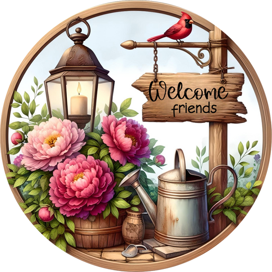 Flowers, a lantern, a watering can, peonies and a 'Welcome friends' sign.
