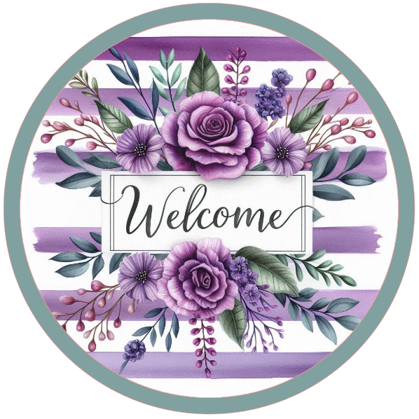 Purple roses and stripes 'Welcome' sign