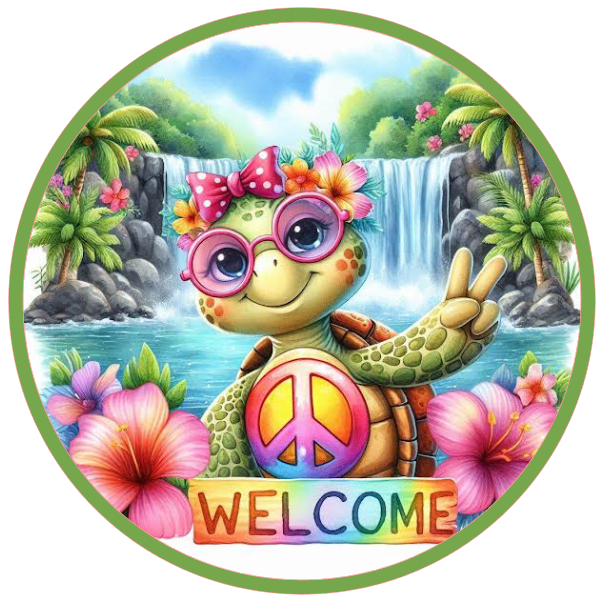 Tie dye turtle wearing sunglasses with a peace sign and flowers, featuring the word 'WELCOME'.