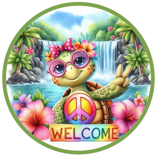 Tie dye turtle wearing sunglasses with a peace sign and flowers, featuring the word 'WELCOME'.