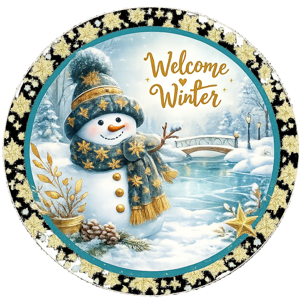 Round metal wreath sign with the text "welcome winter" and a snowman with gold accents and snow flakes by Monkey's Creations. 