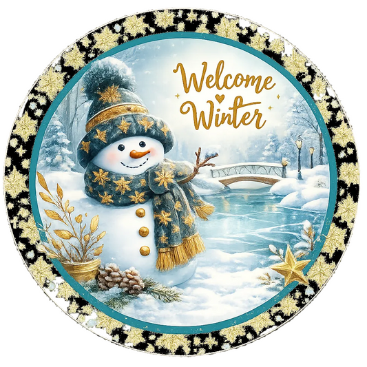 Round metal wreath sign with the text "welcome winter" and a snowman with gold accents and snow flakes by Monkey's Creations. 