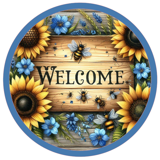 Sunflowers, bees, and 'WELCOME' text on a wooden background.