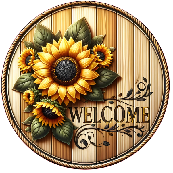 Decorative welcome sign with sunflowers on a wooden background