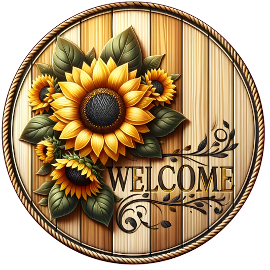 Decorative welcome sign with sunflowers on a wooden background