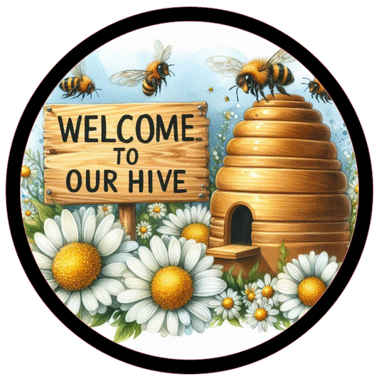 Metal wreath sign with bees, a beehive, and flowers, featuring 'Welcome to Our Hive' text designed by Monkey's Creations