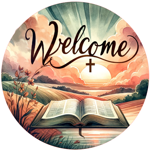 'Welcome' text, open book, and sunset landscape design.