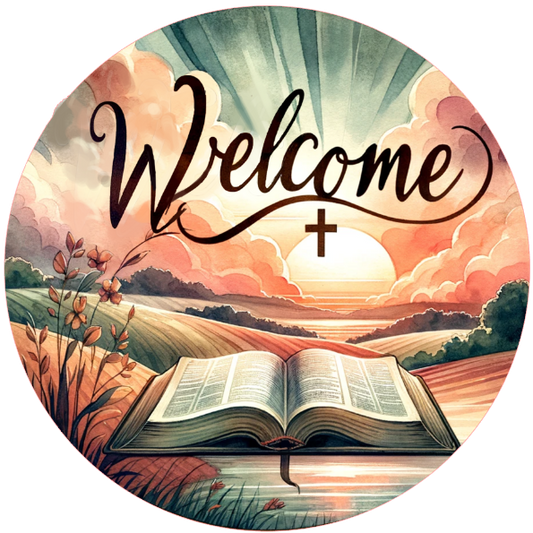 'Welcome' text, open book, and sunset landscape design.