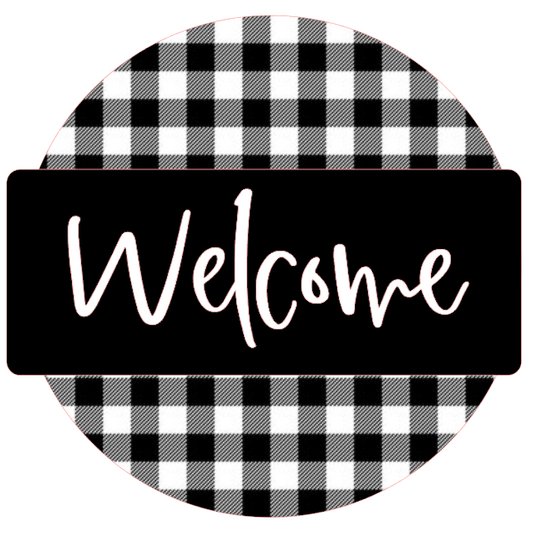 Round black and white checkered sign with 'Welcome' text