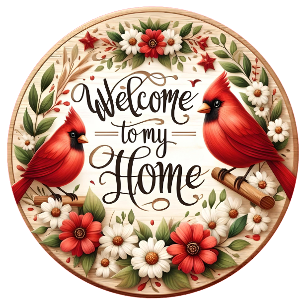 Cardinals and floral design, featuring the text 'Welcome to my Home'.