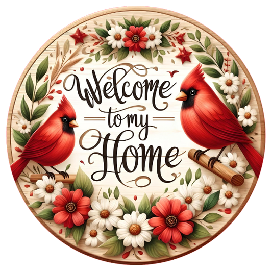 Cardinals and floral design, featuring the text 'Welcome to my Home'.