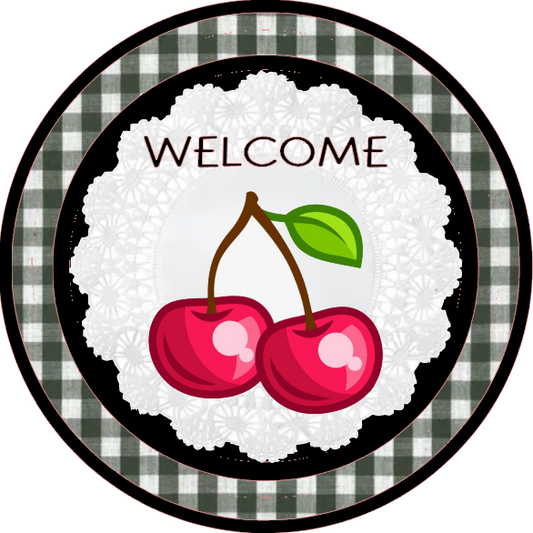 Welcome sign with cherries and checkered border 