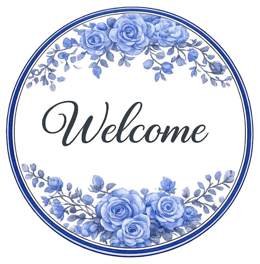 Round metal wreath sign by Monkey's Creations featuring a white background with black "welcome" text and light blue chinoiserie style roses and a border
