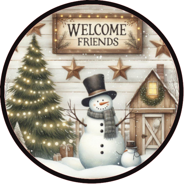 Circular design with a snowman, Christmas tree, and 'Welcome Friends' sign on a white background.
