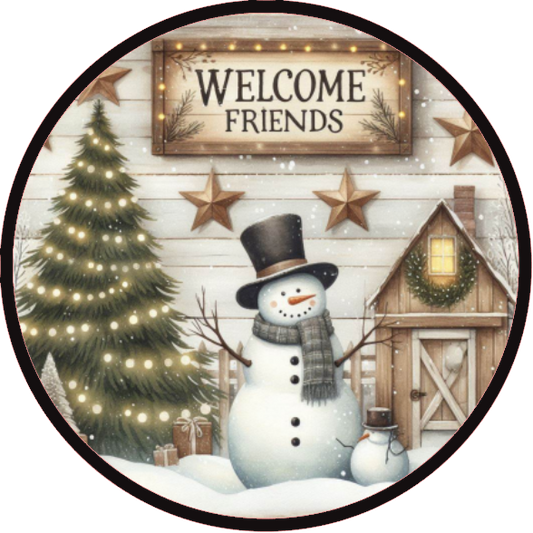 Circular design with a snowman, Christmas tree, and 'Welcome Friends' sign on a white background.