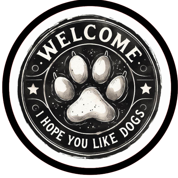 Paw print and text 'Welcome, I hope you like dogs' 
