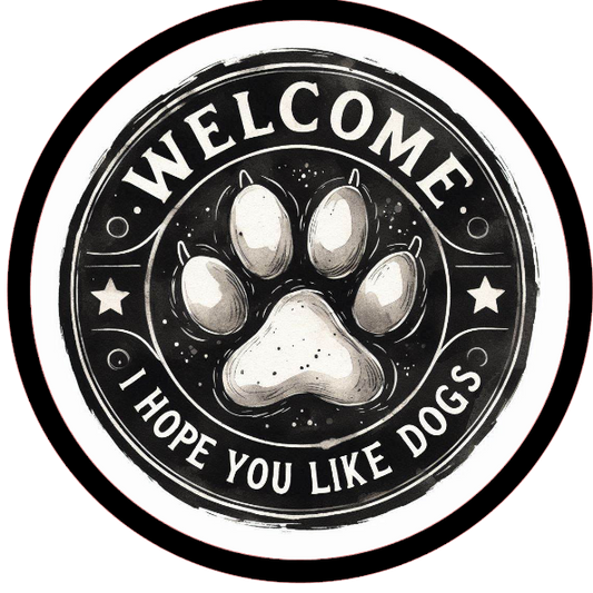 Paw print and text 'Welcome, I hope you like dogs' 