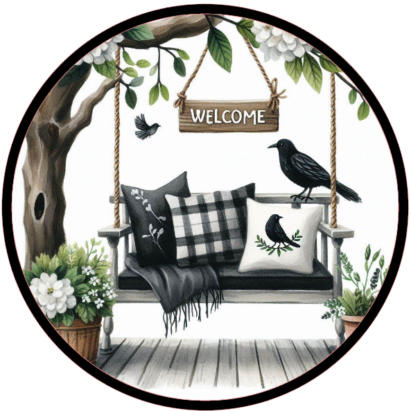 Swing, pillows, and a 'Welcome' sign under a tree.