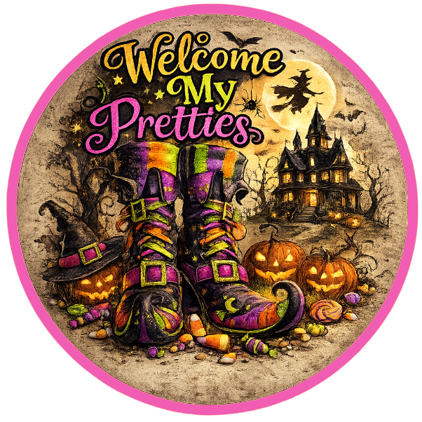 Round Halloween-themed metal wreath sign with witch's feet, pumpkins, and castle, featuring 'Welcome My Pretties' by Monkey's Creations.
