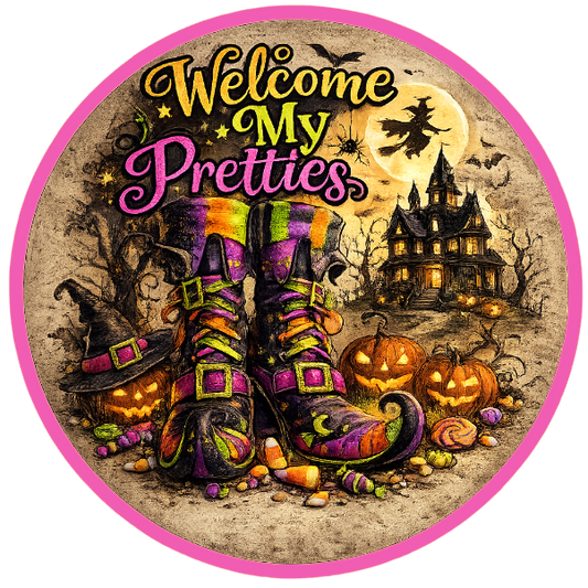 Round Halloween-themed metal wreath sign with witch's feet, pumpkins, and castle, featuring 'Welcome My Pretties' by Monkey's Creations.