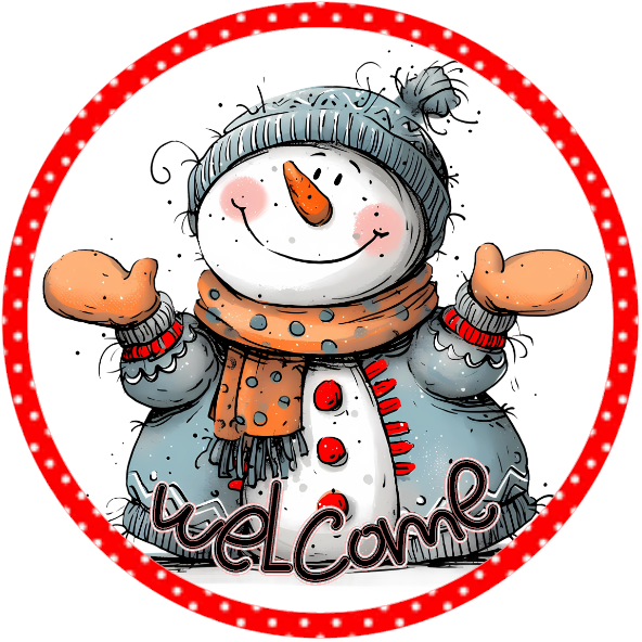 Cartoon snowman with a red circle border on a white background