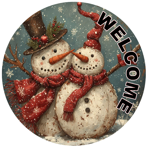Two snowmen wearing scarves and hats, and the word 'WELCOME' on a white background.