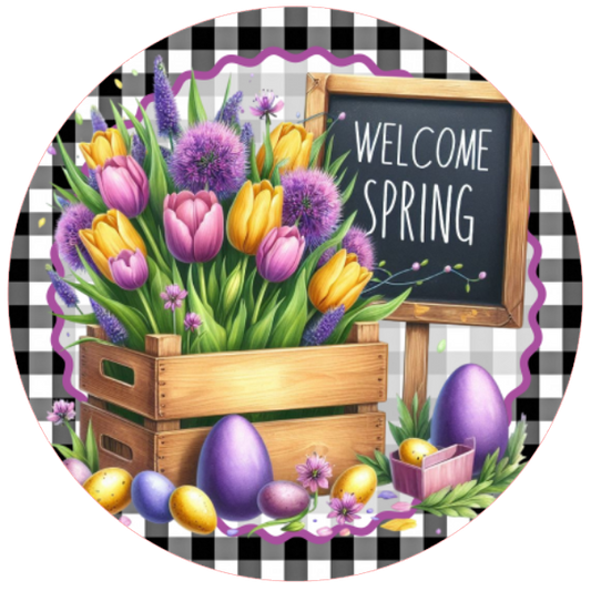Spring-themed design featuring flowers, eggs, and a chalkboard with welcome spring