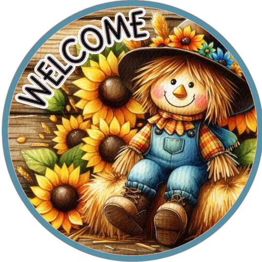 Scarecrow and sunflowers, featuring the word 'Welcome'.