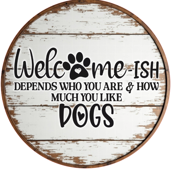 Welcomish sign with paw prints