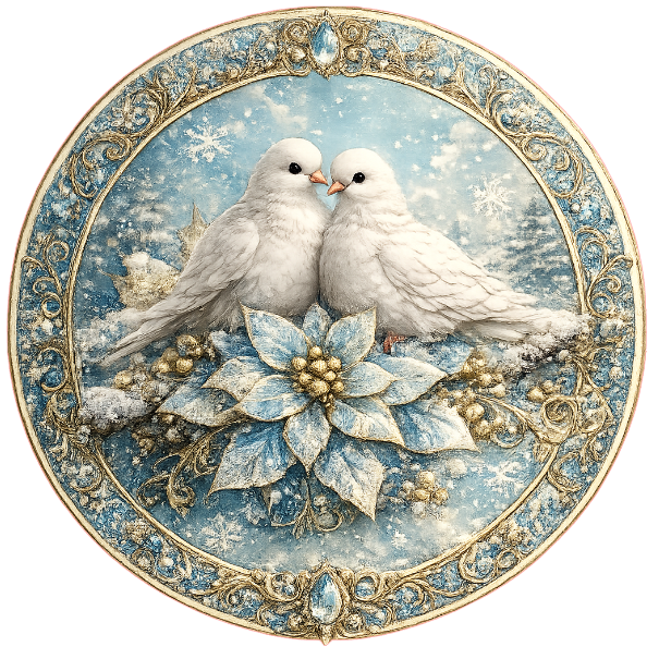 Round metal wreathe sign featuring two doves with a gold border and an ice blue poinsettia by Monkey's Creations. 