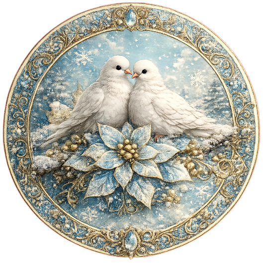 Round metal wreathe sign featuring two doves with a gold border and an ice blue poinsettia by Monkey's Creations. 