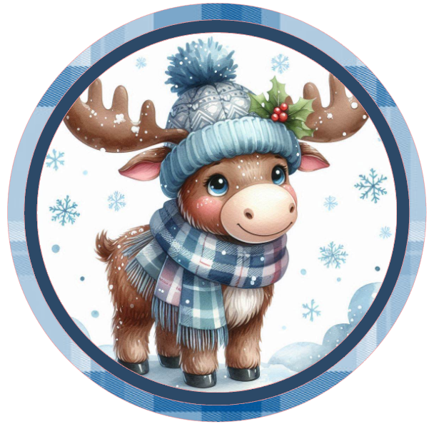 Illustration of a moose wearing a hat and scarf in a circular frame with snowflakes on a white background