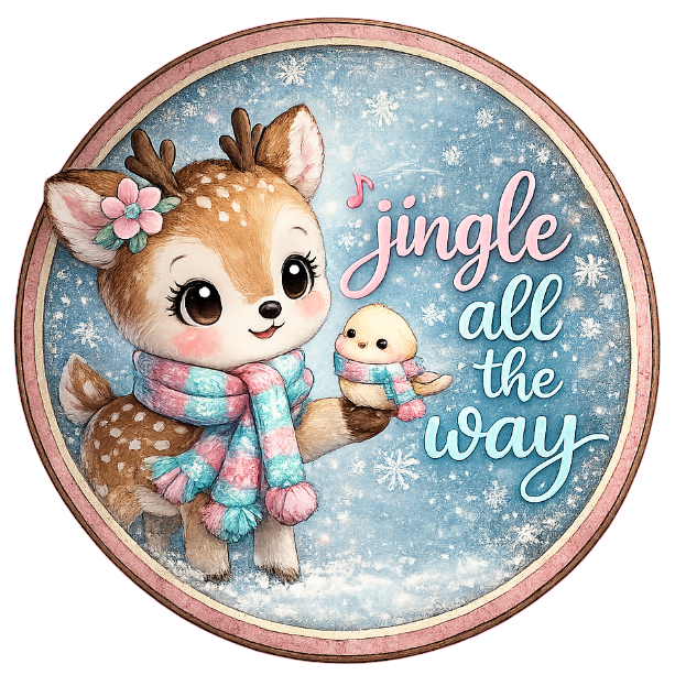 Round metal wreath sign featuring a cutesy reindeer in a scarf with the text "jingle all the way" by Monkey's Creations. 