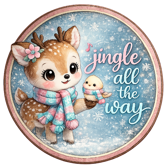 Round metal wreath sign featuring a cutesy reindeer in a scarf with the text "jingle all the way" by Monkey's Creations. 