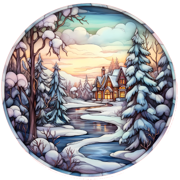 Winter scene with snow-covered trees and a house, depicted in a circular frame.