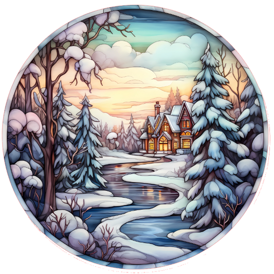 Winter scene with snow-covered trees and a house, depicted in a circular frame.