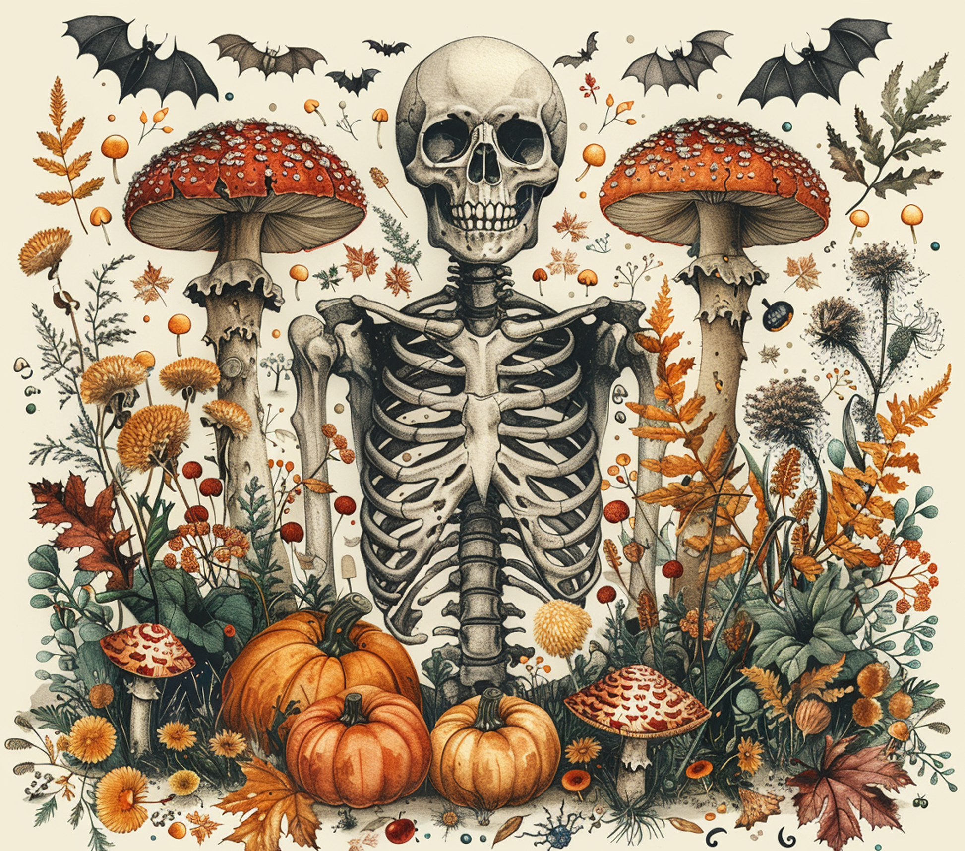 Rectangle woodsy Halloween themed metal wreath sign with a skeleton, pumpkins, flowers, foliage and bats by Monkey's Creations.