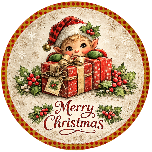 Round metal wreath sign featuring a vintage style Christmas elf with gift and holly by Monkey's Creations. 