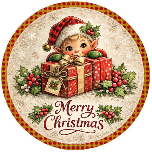 Round metal wreath sign featuring a vintage style Christmas elf with gift and holly by Monkey's Creations. 