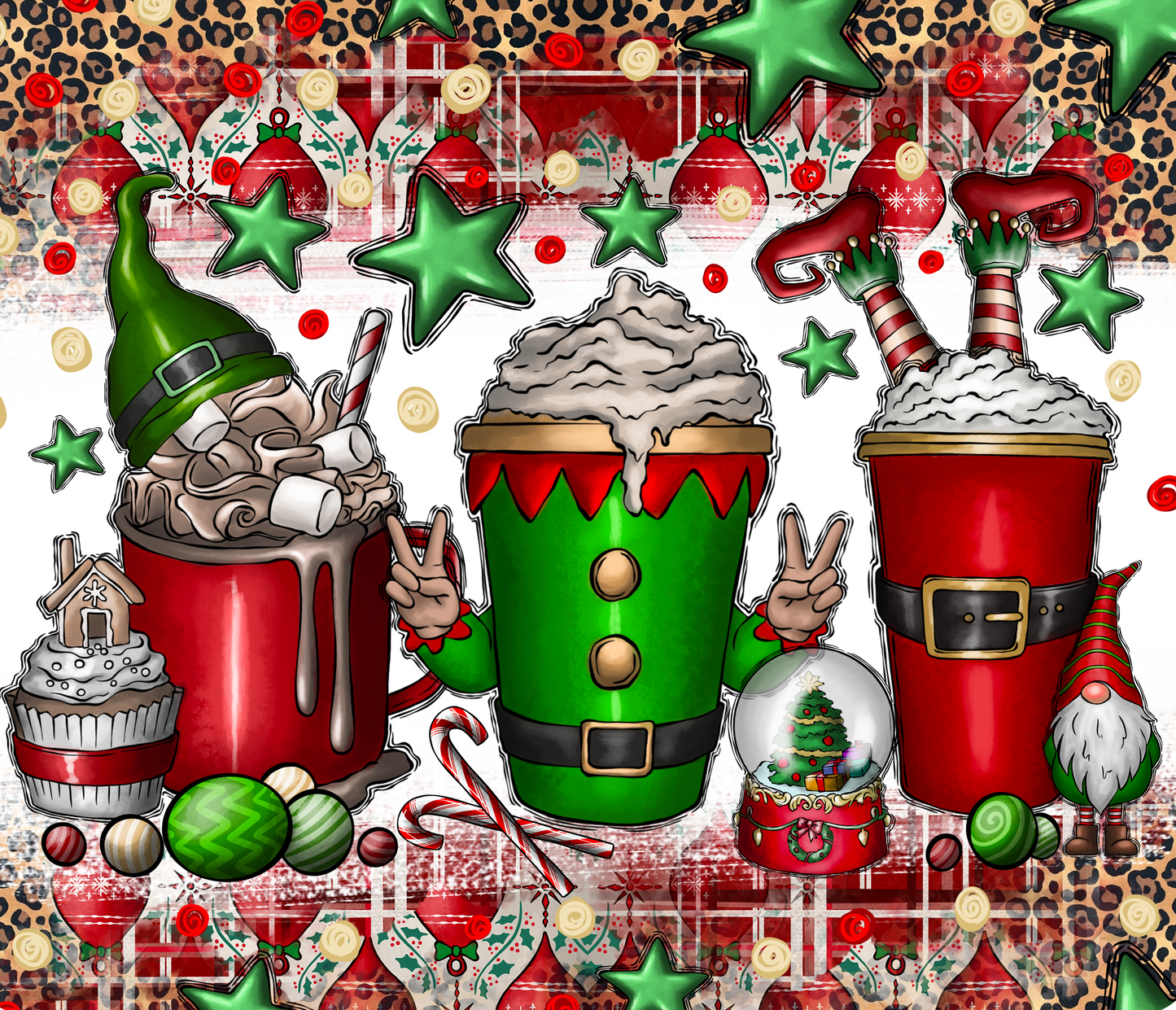 Decorative mat with Christmas-themed elements including hot chocolate, elves, and snow globes on a patterned background.