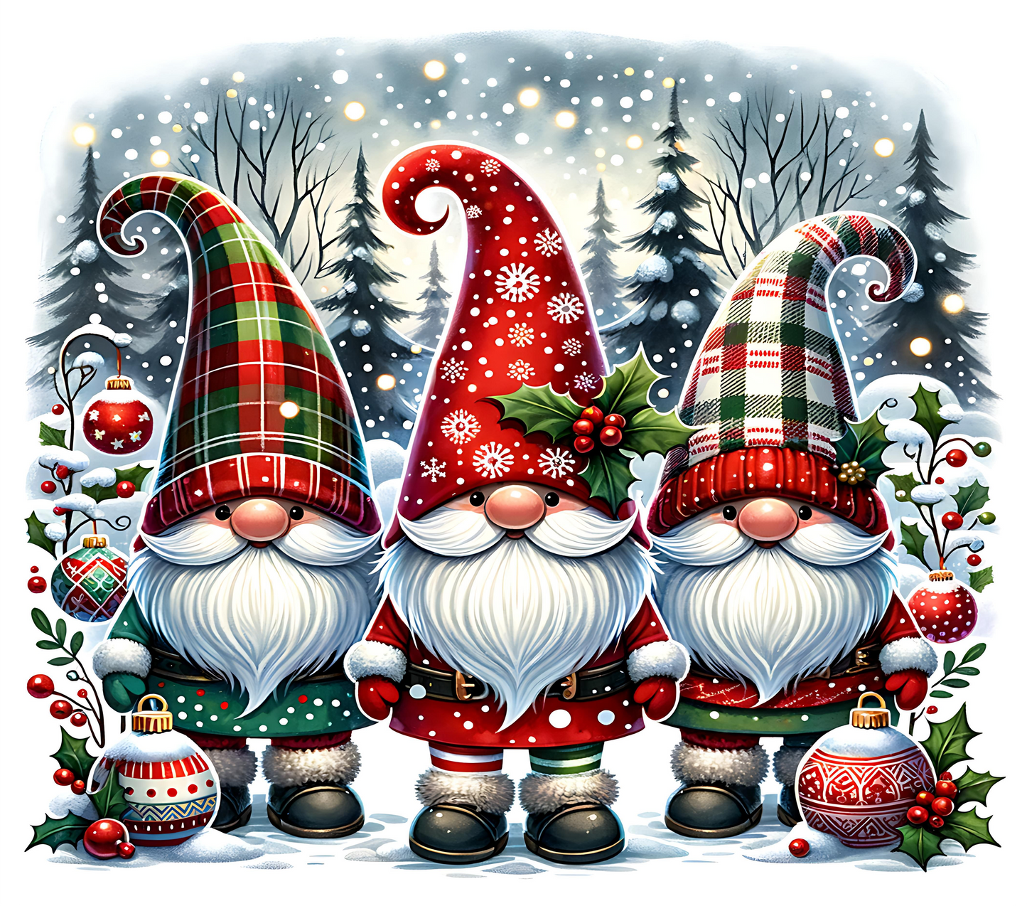 Three festive gnomes with plaid hats in a snowy landscape