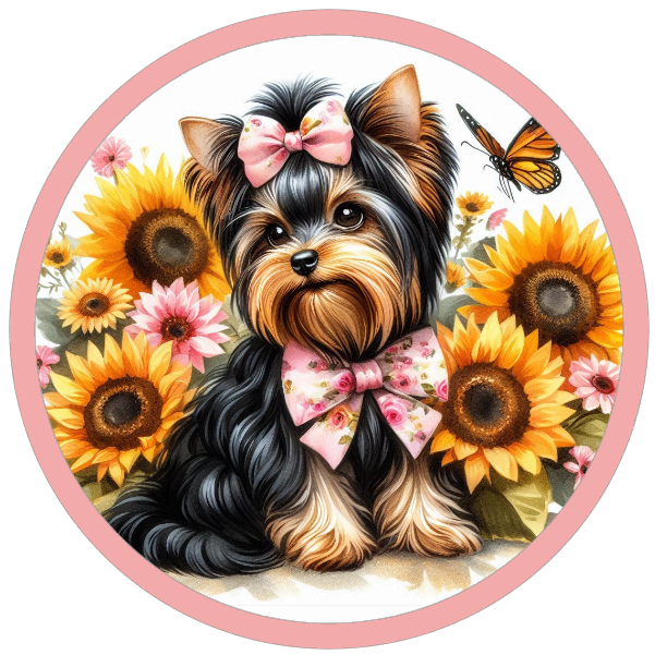 Yorkie dog surrounded by sunflowers and butterflies