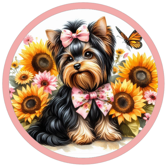 Yorkie dog surrounded by sunflowers and butterflies