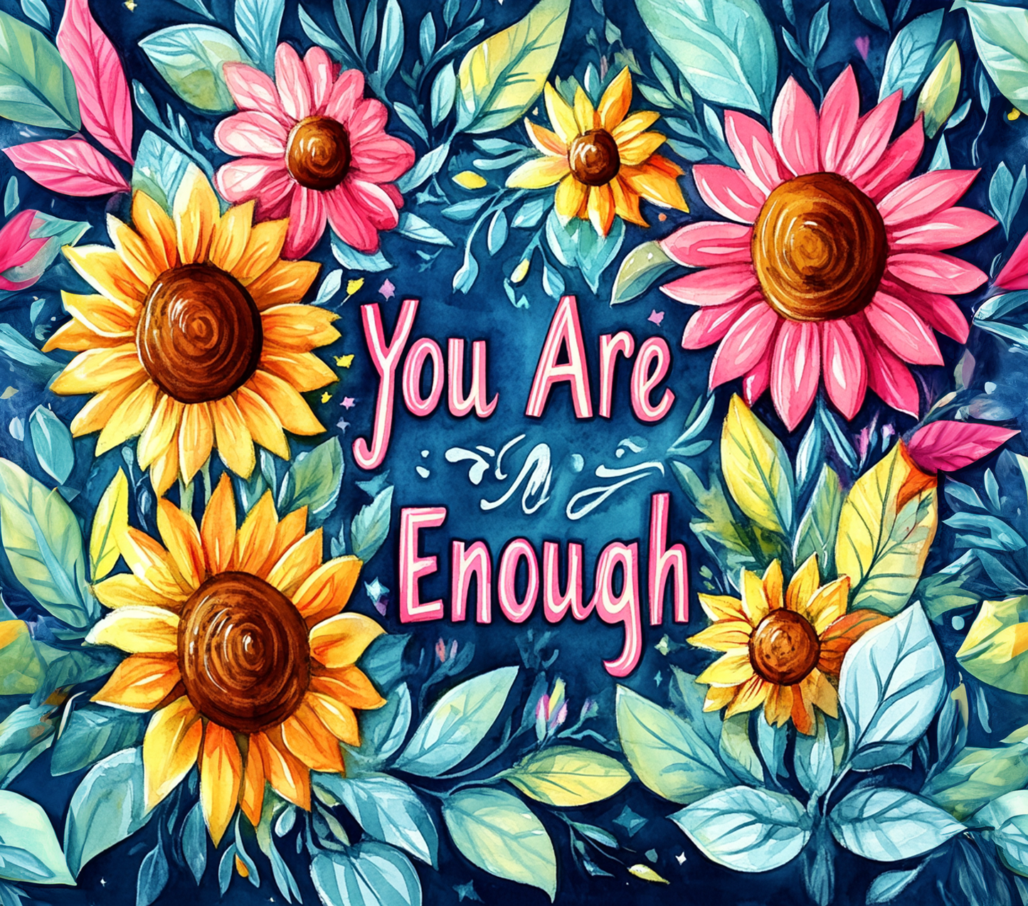 Rectangle motivational themed metal wreath sign with whimsical sunflowers flowers and text "you are enough" by Monkey's Creations. 